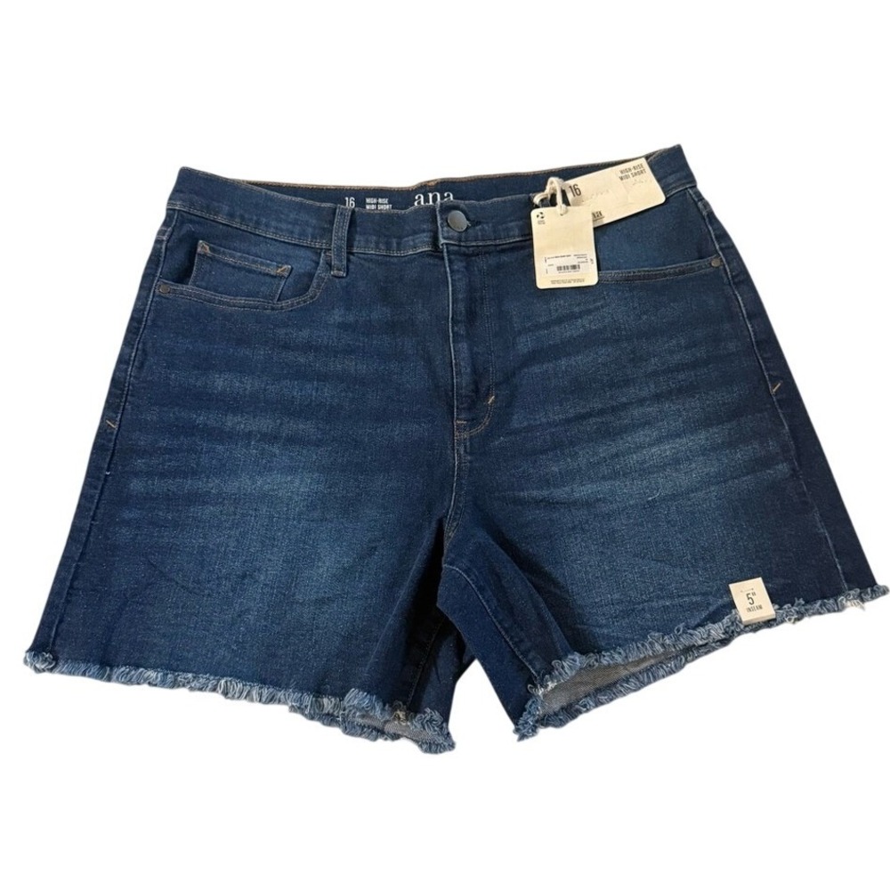 ANA High Rise Midi Denim Shorts Dark Wash Frayed Hem‎ Size 16 NWT